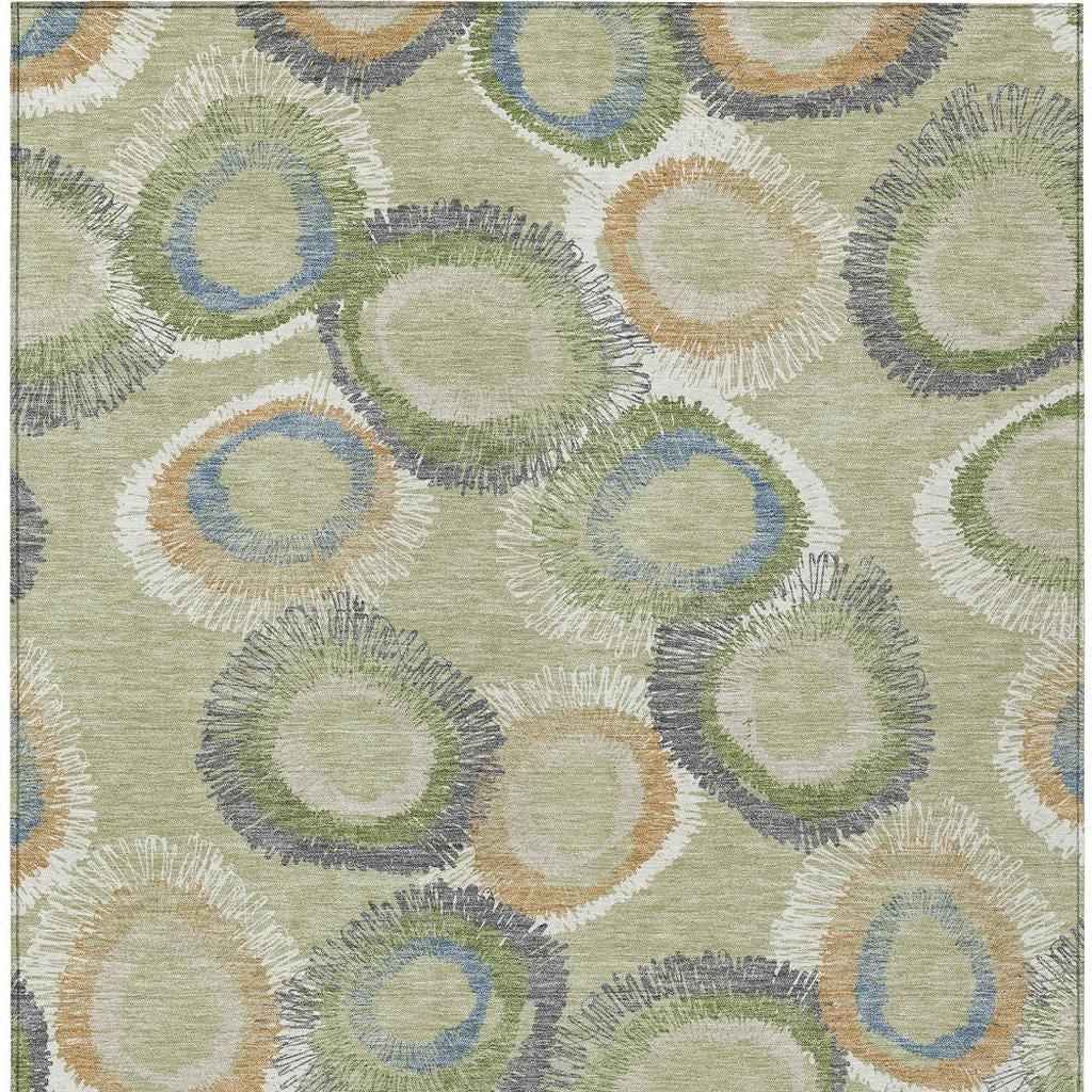 8' X 10' Artichoke Green Ivory And Copper Geometric Washable Indoor Outdoor Area Rug