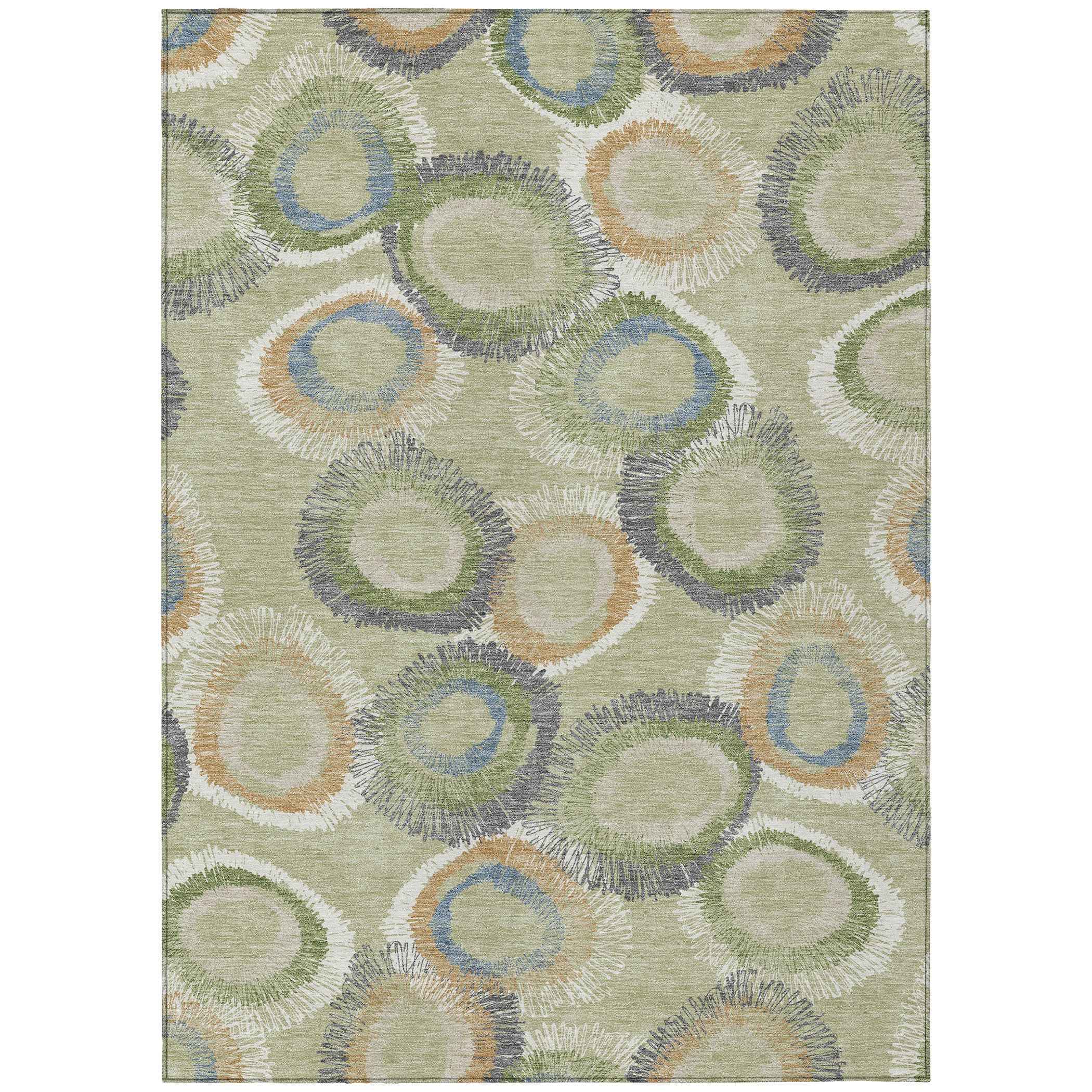 8' X 10' Artichoke Green Ivory And Copper Geometric Washable Indoor Outdoor Area Rug