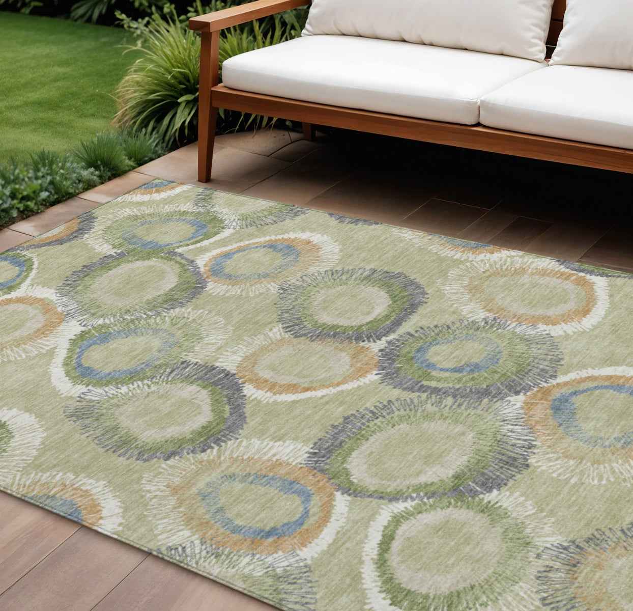 8' X 10' Artichoke Green Ivory And Copper Geometric Washable Indoor Outdoor Area Rug
