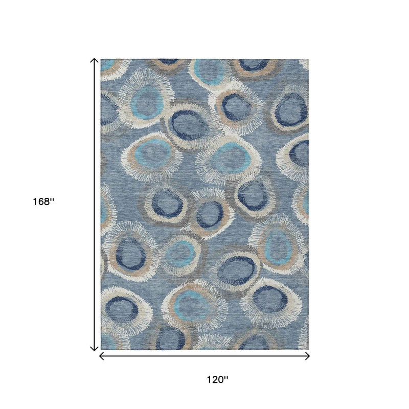 10' X 14' Denim Blue Ivory And Taupe Geometric Washable Indoor Outdoor Area Rug