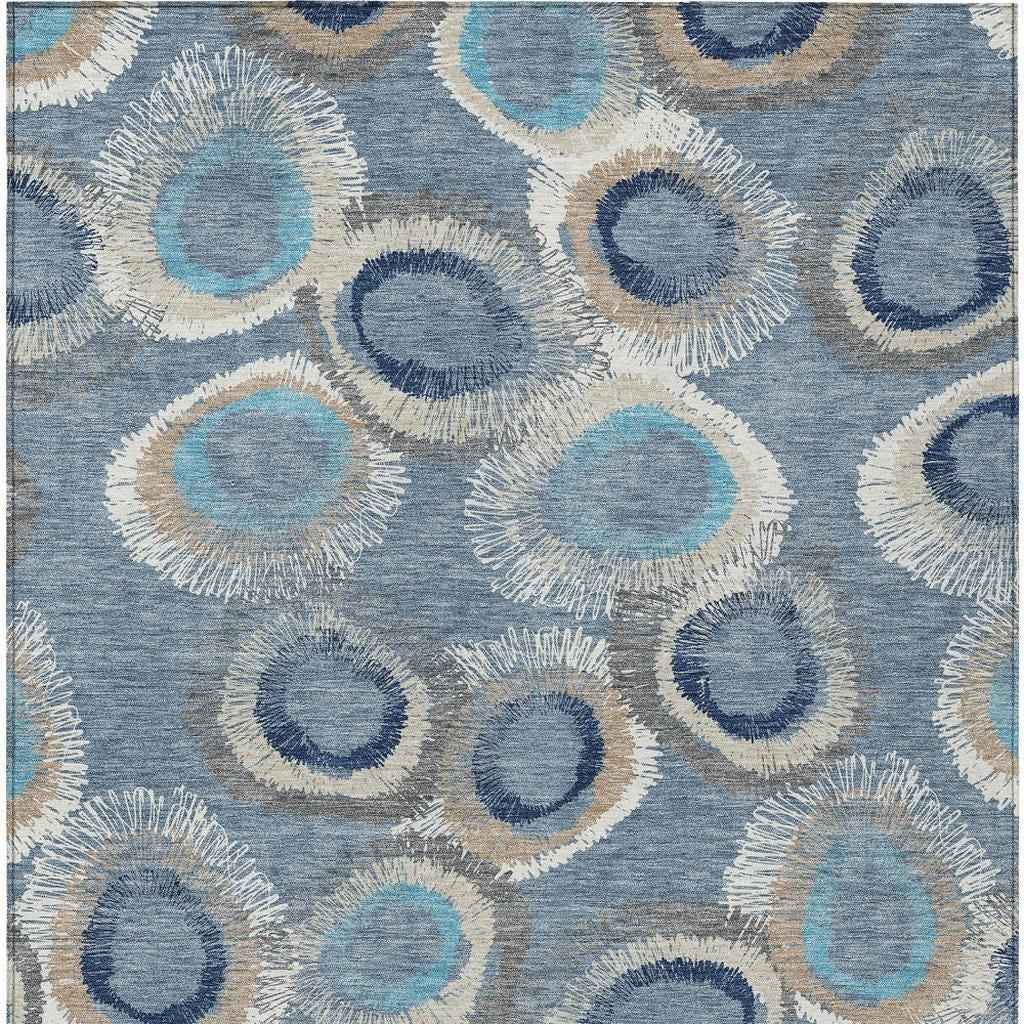 10' X 14' Denim Blue Ivory And Taupe Geometric Washable Indoor Outdoor Area Rug