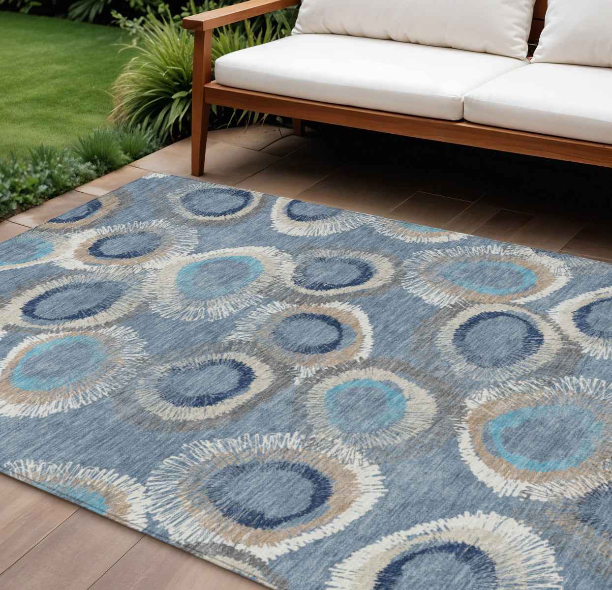 10' X 14' Denim Blue Ivory And Taupe Geometric Washable Indoor Outdoor Area Rug