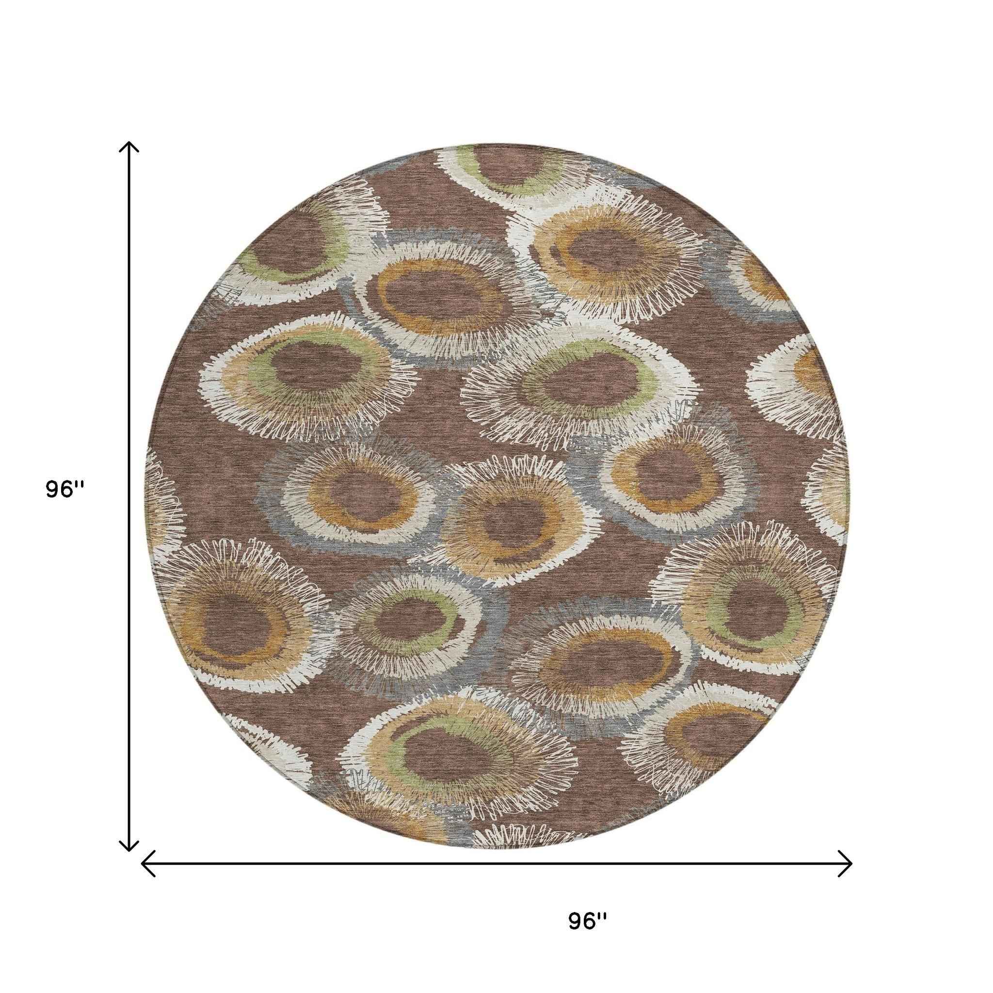 8' Brown Ivory And Green Round Geometric Washable Indoor Outdoor Area Rug