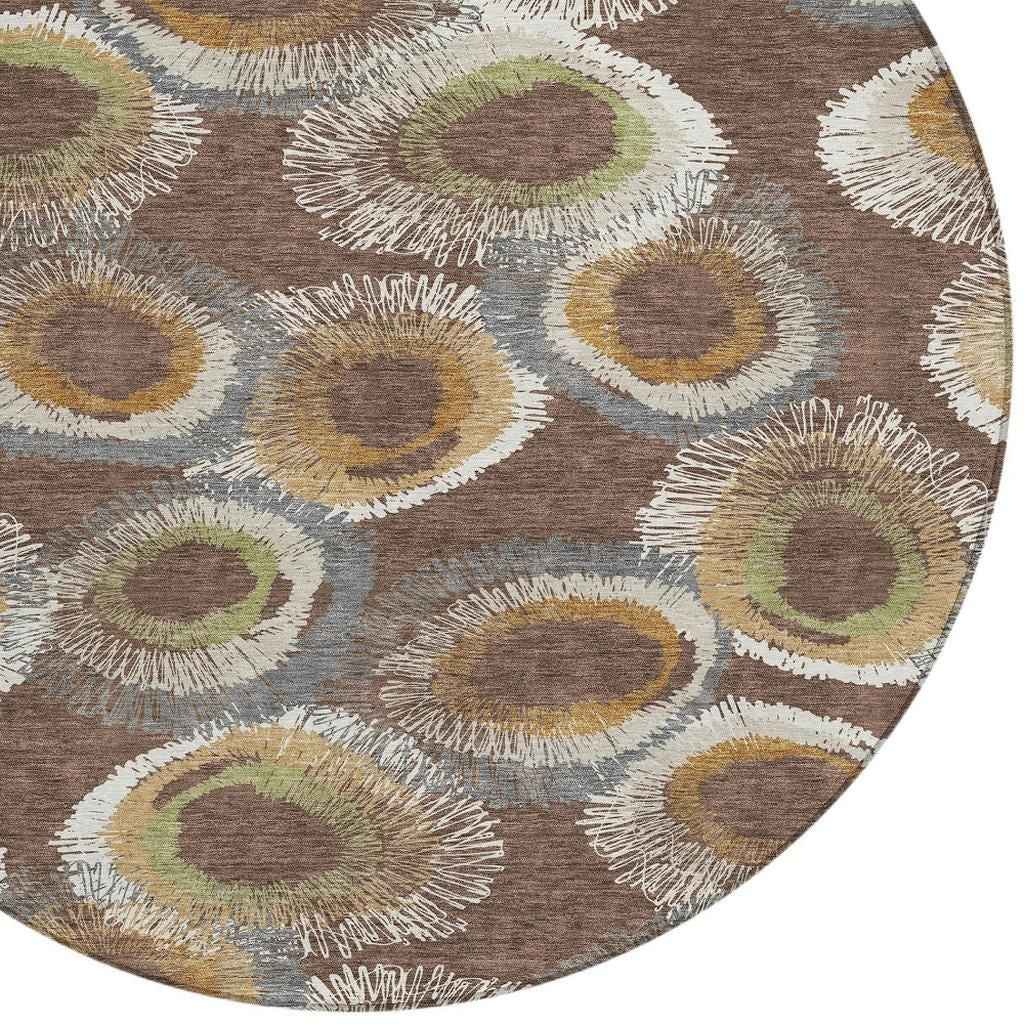 8' Brown Ivory And Green Round Geometric Washable Indoor Outdoor Area Rug