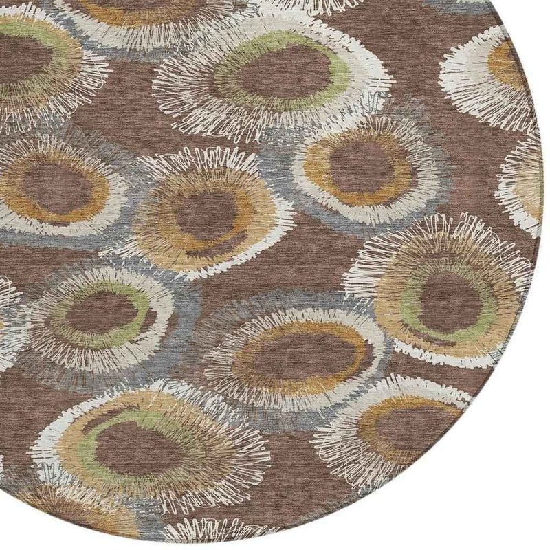 8' Brown Ivory And Green Round Geometric Washable Indoor Outdoor Area Rug