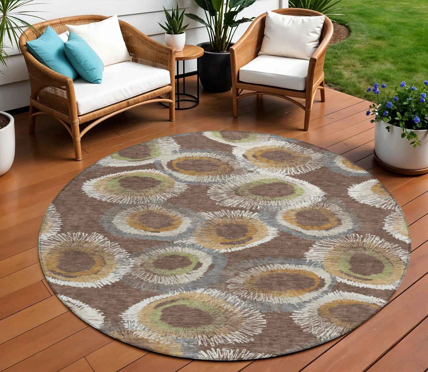 8' Brown Ivory And Green Round Geometric Washable Indoor Outdoor Area Rug