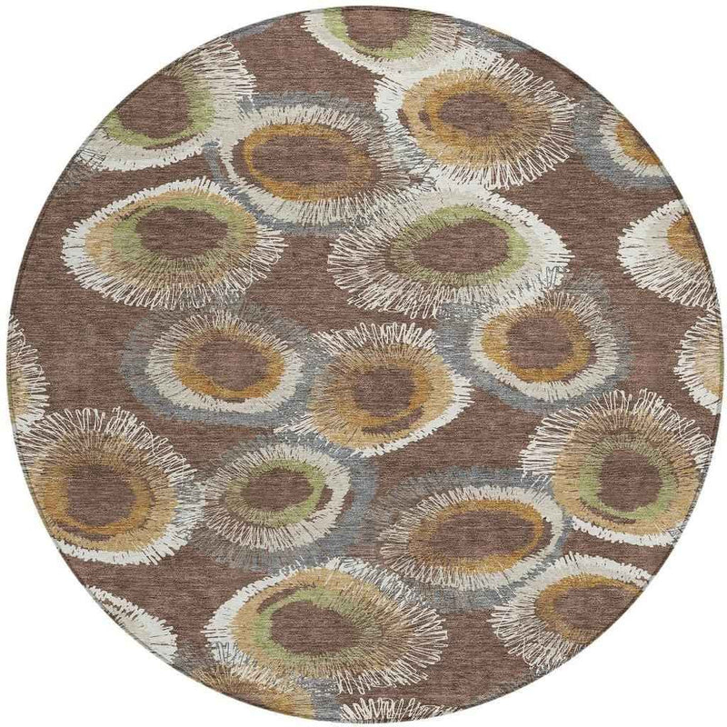 8' Brown Ivory And Green Round Geometric Washable Indoor Outdoor Area Rug