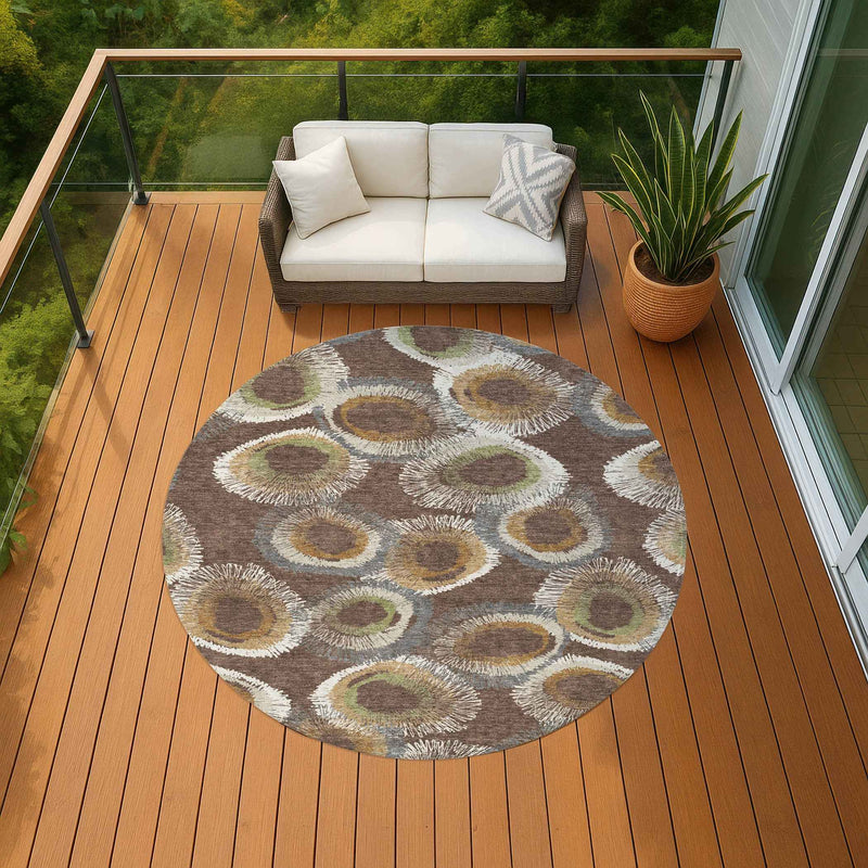 8' Brown Ivory And Green Round Geometric Washable Indoor Outdoor Area Rug