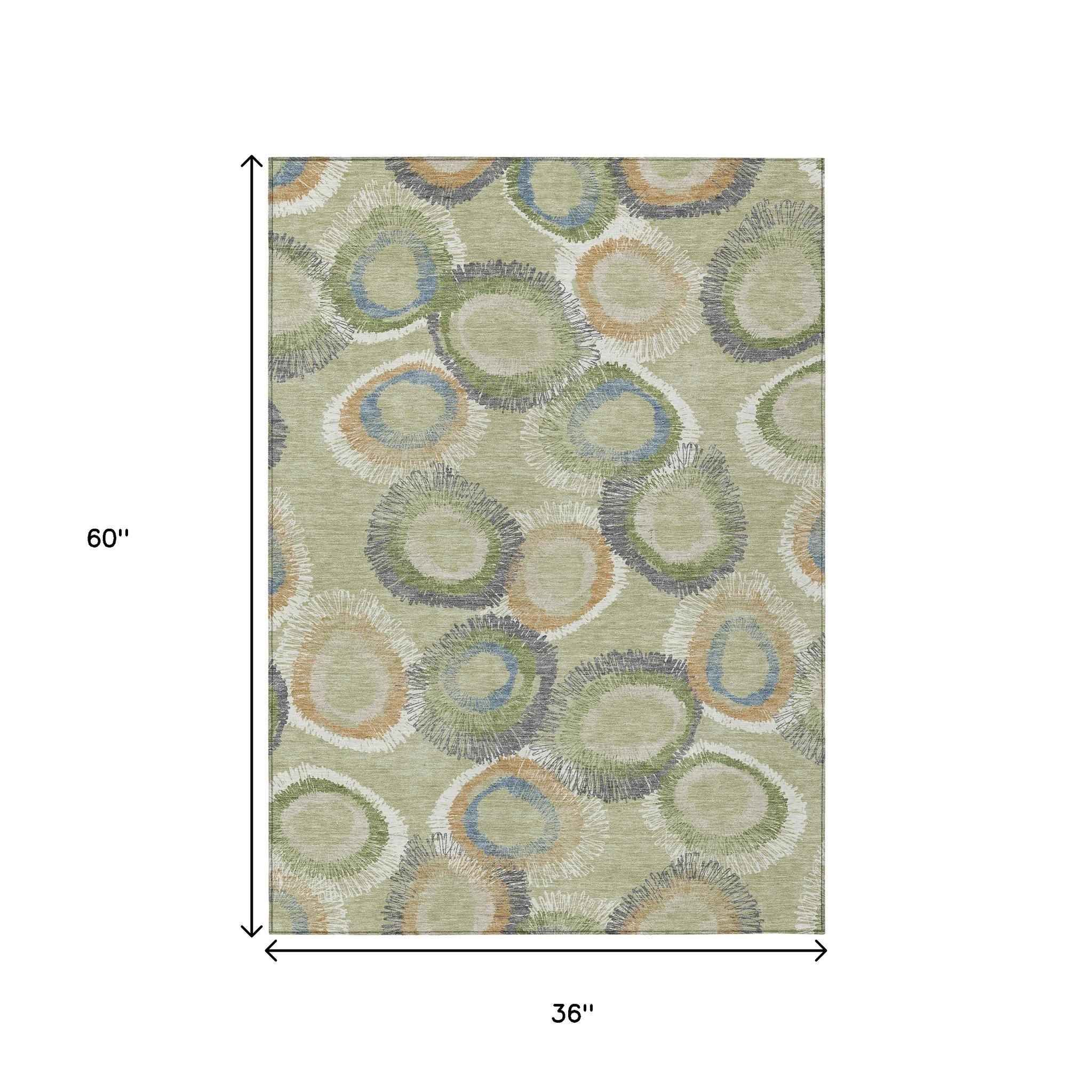 3' X 5' Artichoke Green Ivory And Copper Geometric Washable Indoor Outdoor Area Rug