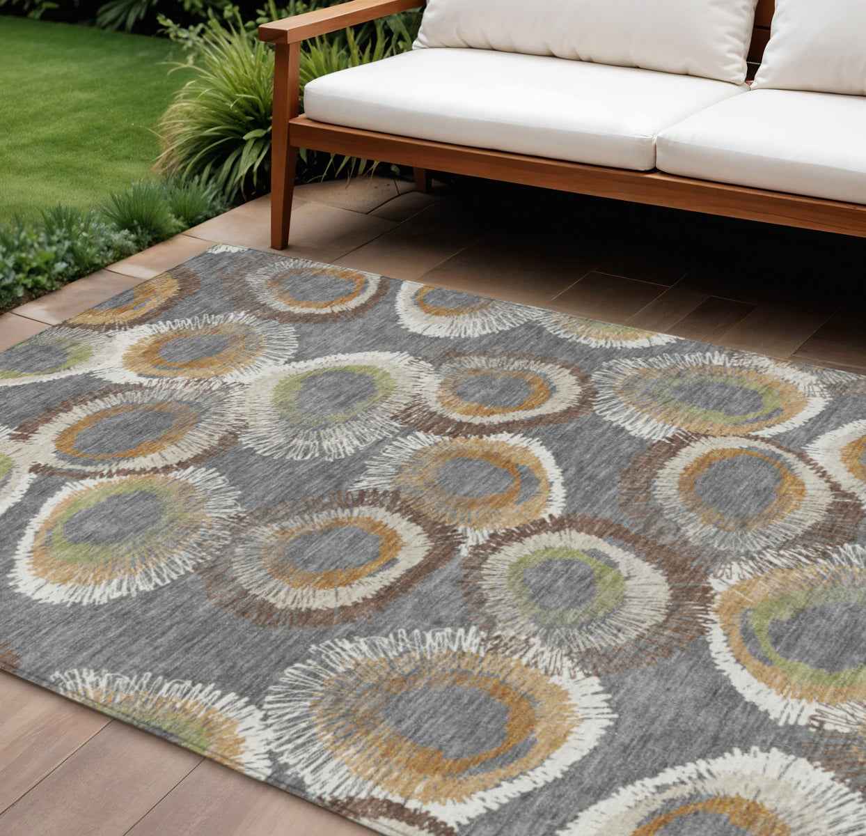 8' X 10' Gray Ivory And Copper Geometric Washable Indoor Outdoor Area Rug