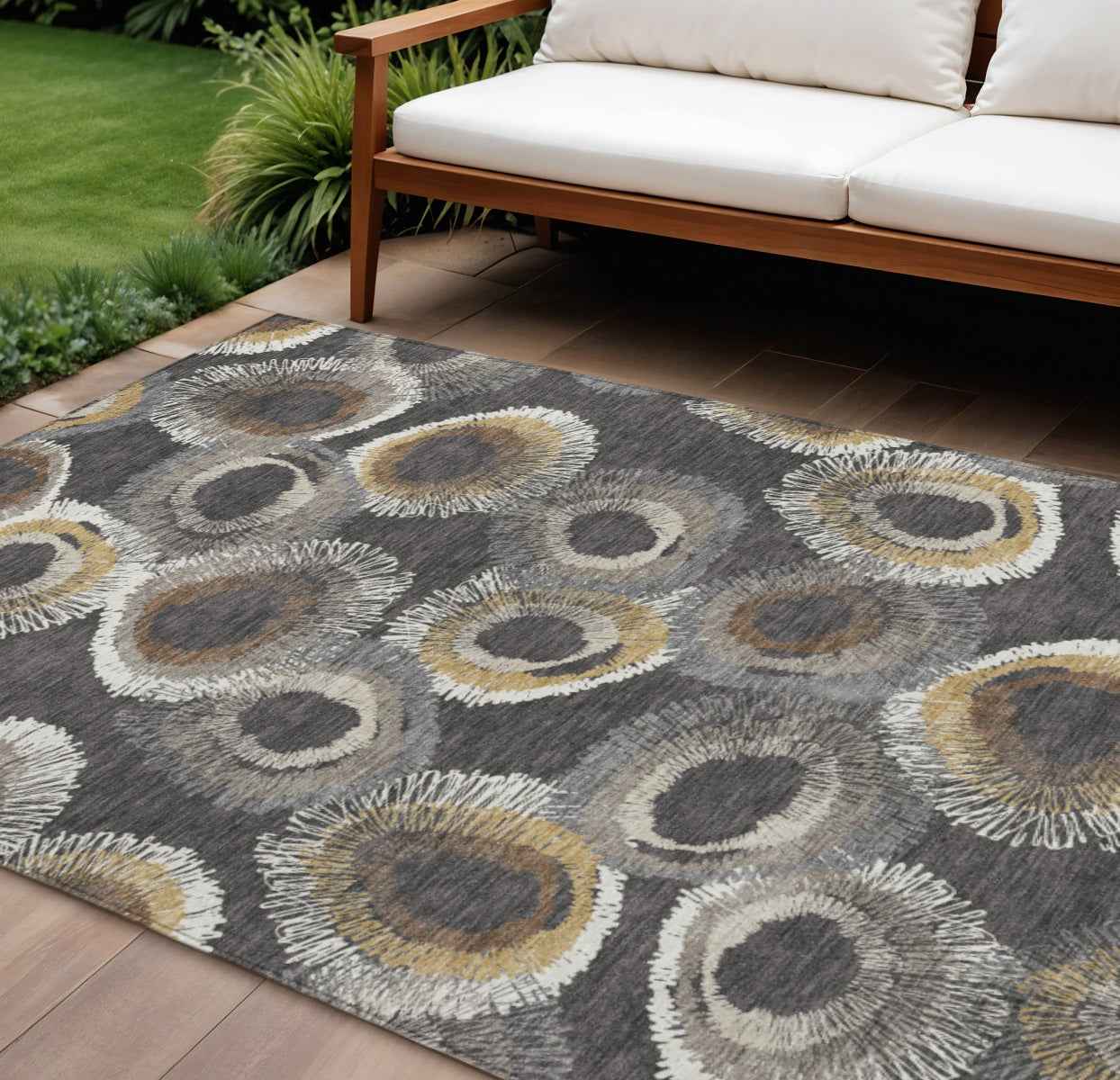 10' X 14' Charcoal Ivory And Copper Geometric Washable Indoor Outdoor Area Rug