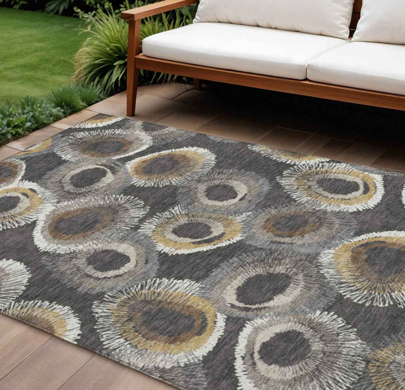 10' X 14' Charcoal Ivory And Copper Geometric Washable Indoor Outdoor Area Rug