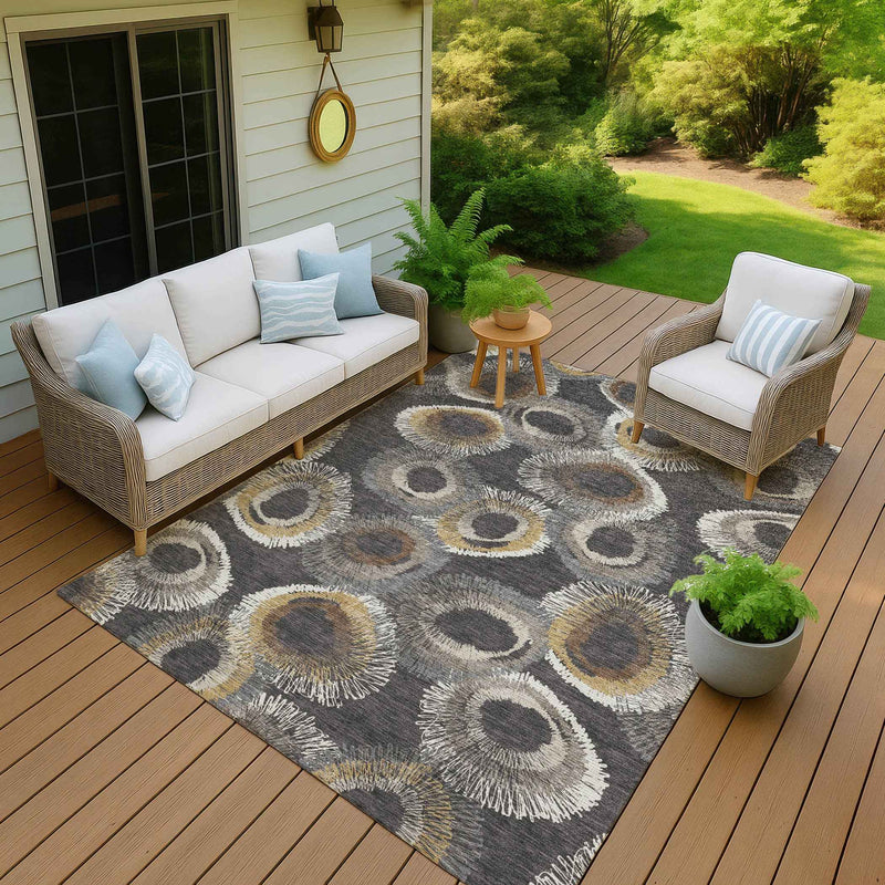 8' X 10' Charcoal Ivory And Copper Geometric Washable Indoor Outdoor Area Rug