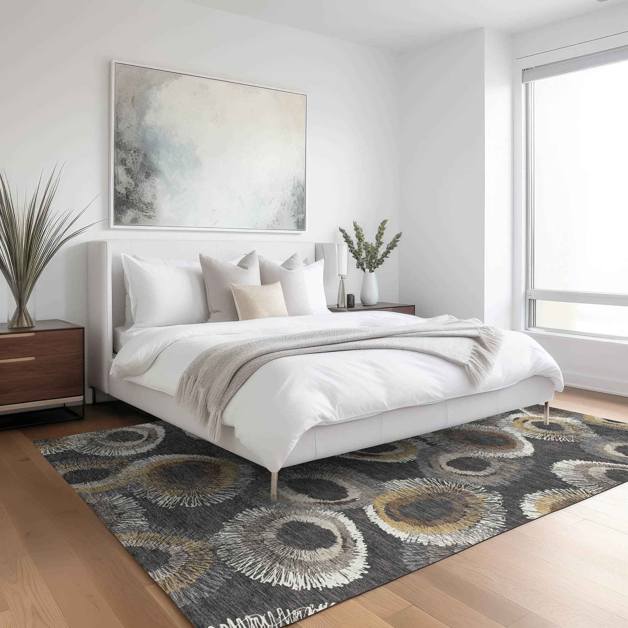 8' X 10' Charcoal Ivory And Copper Geometric Washable Indoor Outdoor Area Rug