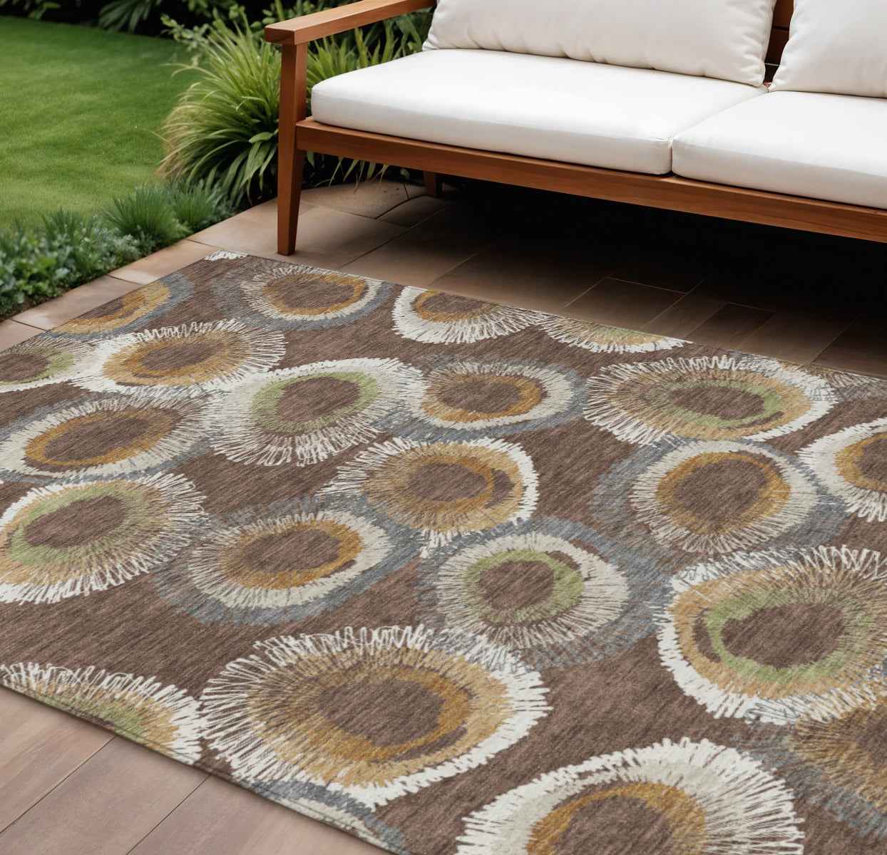 10' X 14' Brown Ivory And Green Geometric Washable Indoor Outdoor Area Rug