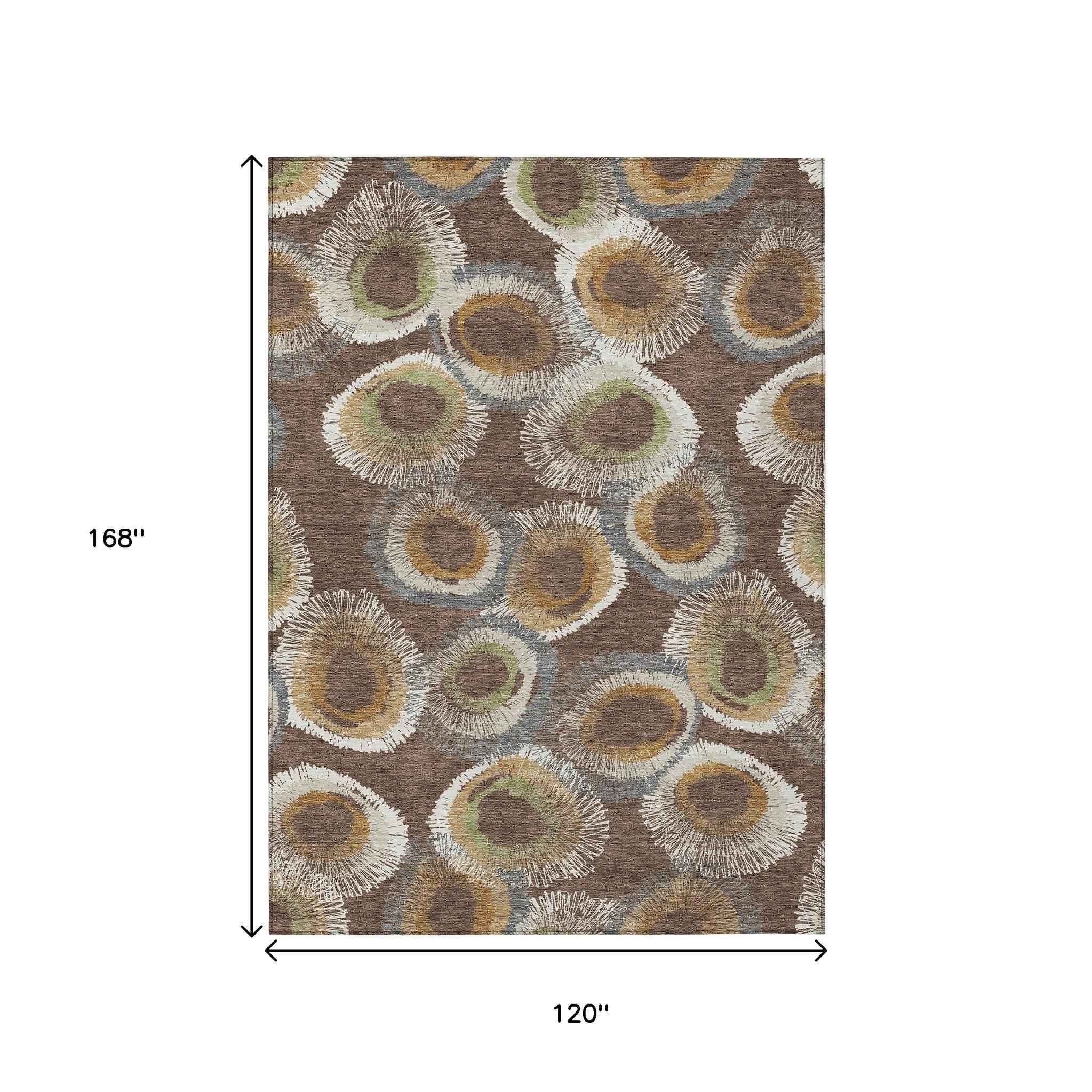 10' X 14' Brown Ivory And Green Geometric Washable Indoor Outdoor Area Rug