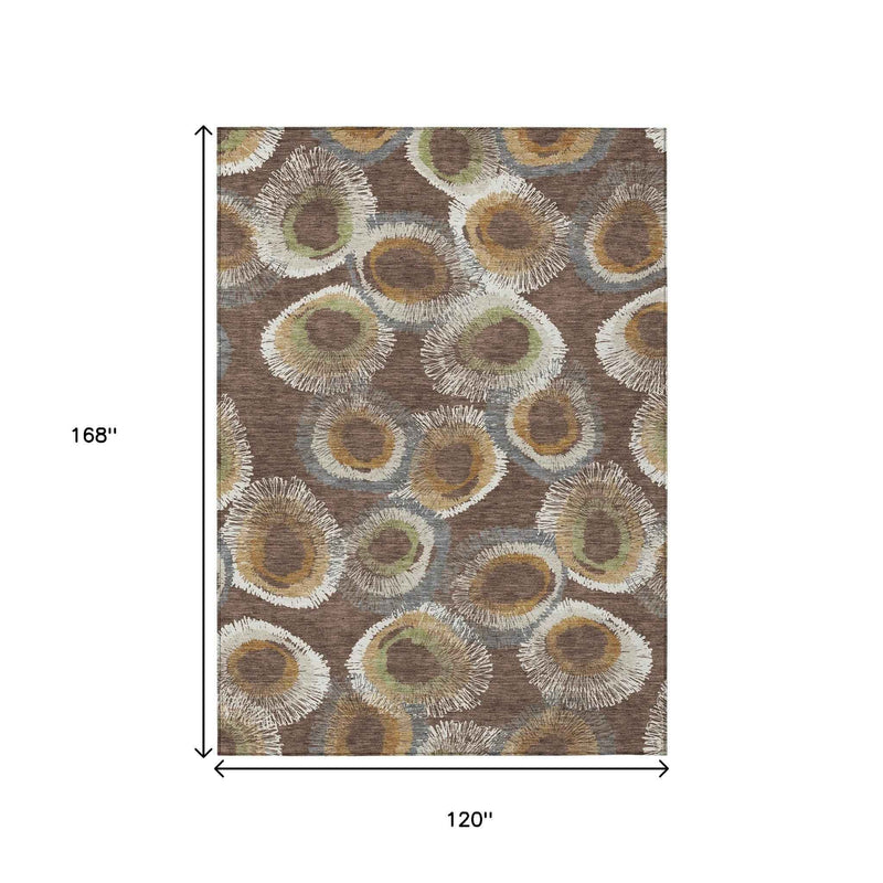 10' X 14' Brown Ivory And Green Geometric Washable Indoor Outdoor Area Rug