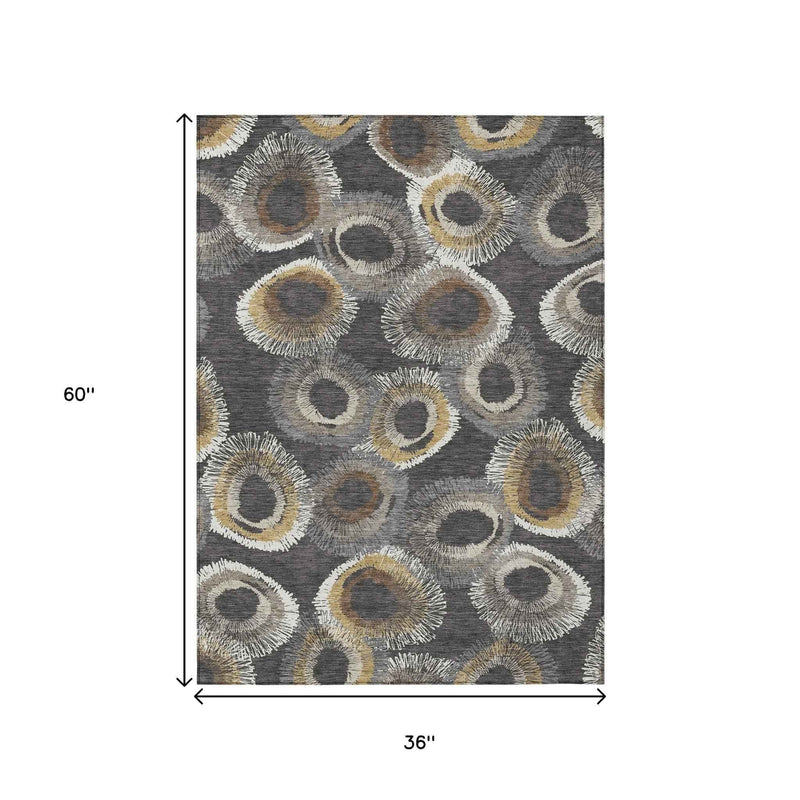 3' X 5' Charcoal Ivory And Copper Geometric Washable Indoor Outdoor Area Rug