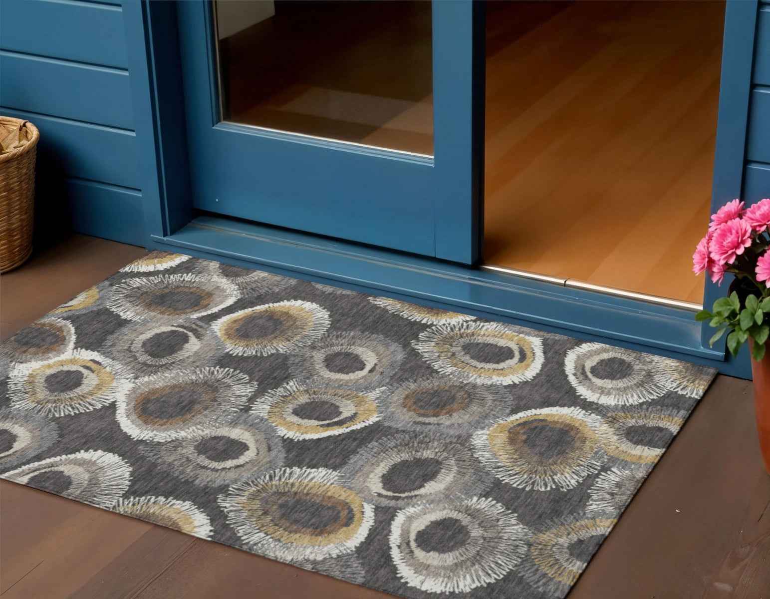 3' X 5' Charcoal Ivory And Copper Geometric Washable Indoor Outdoor Area Rug