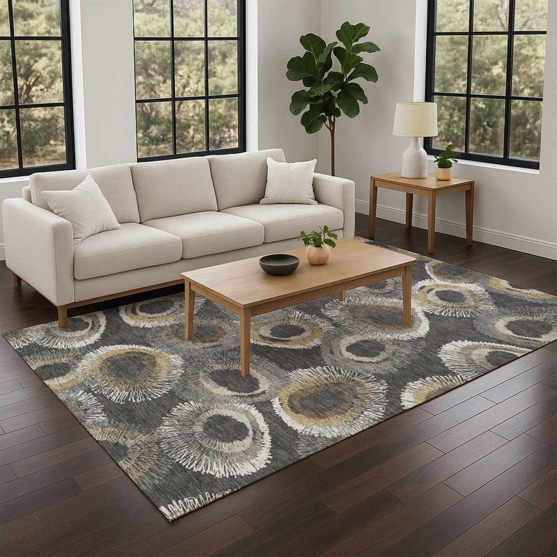 3' X 5' Charcoal Ivory And Copper Geometric Washable Indoor Outdoor Area Rug