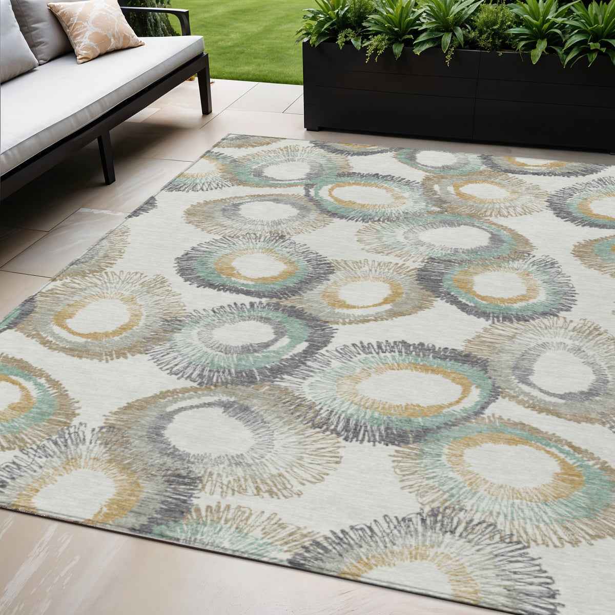 5' X 8' Ivory Taupe And Gold Geometric Washable Indoor Outdoor Area Rug