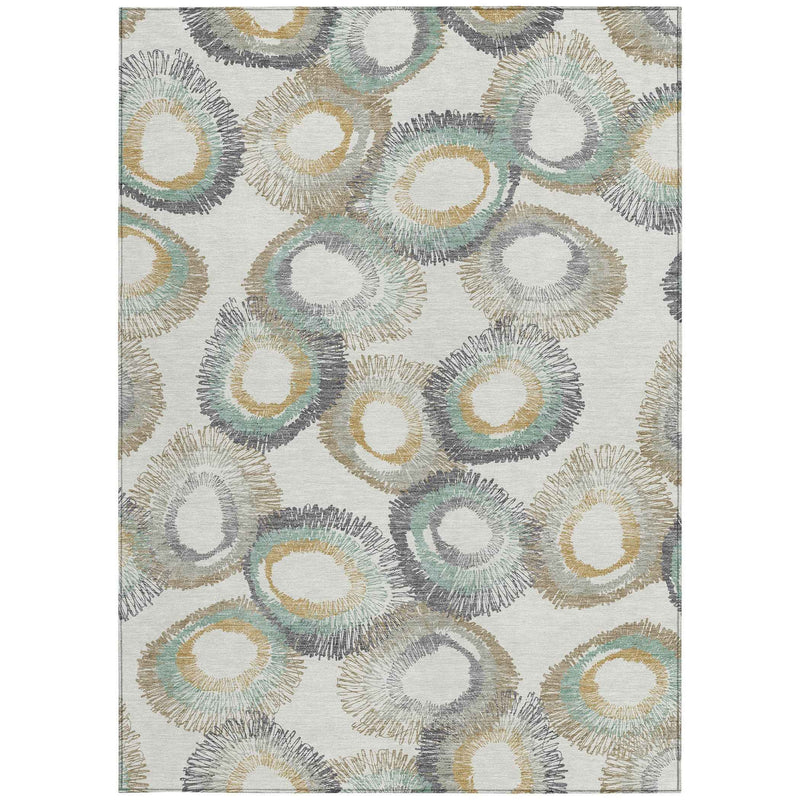 5' X 8' Ivory Taupe And Gold Geometric Washable Indoor Outdoor Area Rug