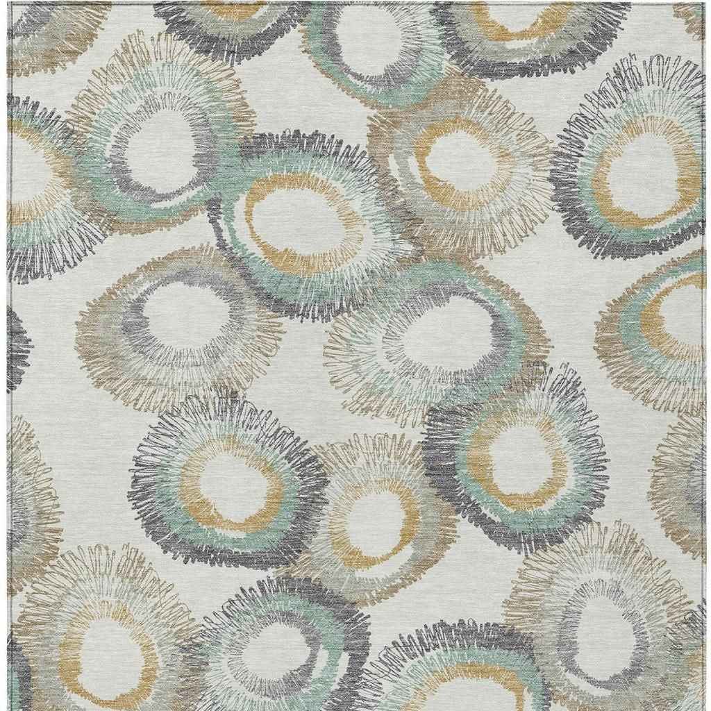 5' X 8' Ivory Taupe And Gold Geometric Washable Indoor Outdoor Area Rug