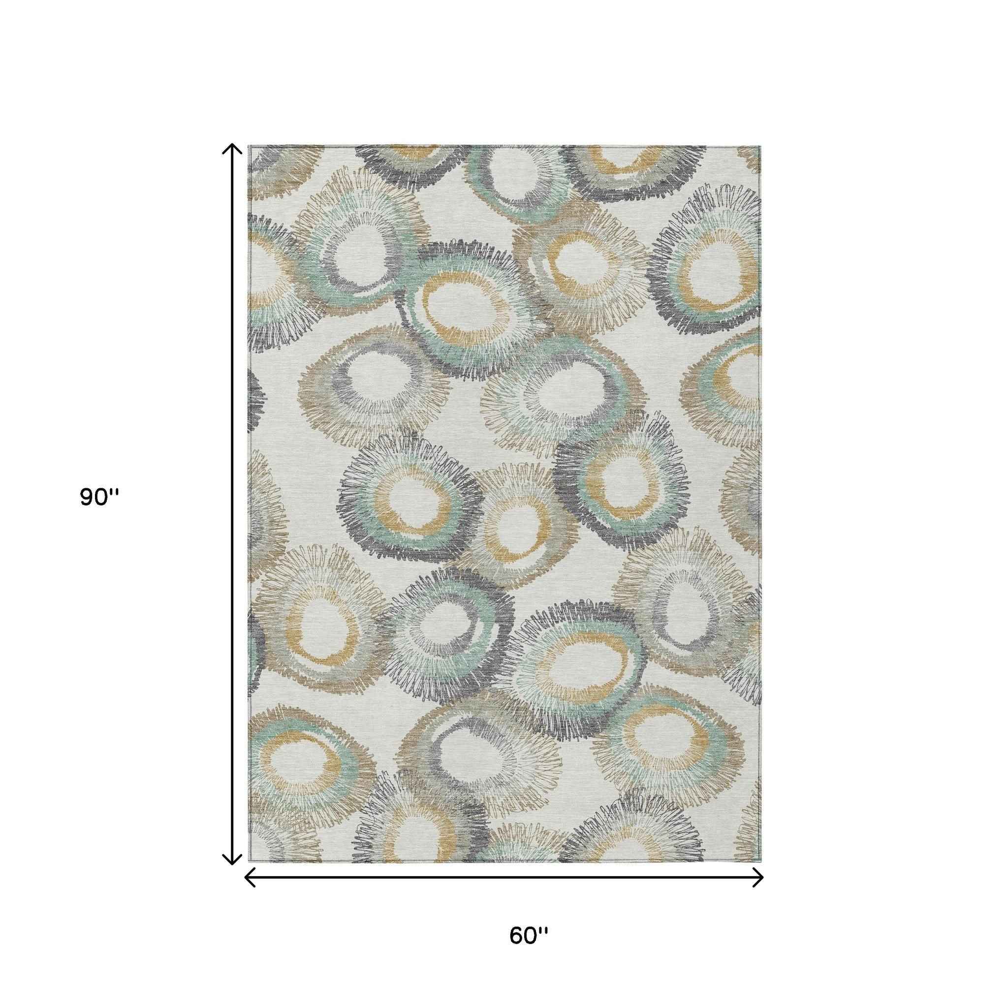 5' X 8' Ivory Taupe And Gold Geometric Washable Indoor Outdoor Area Rug