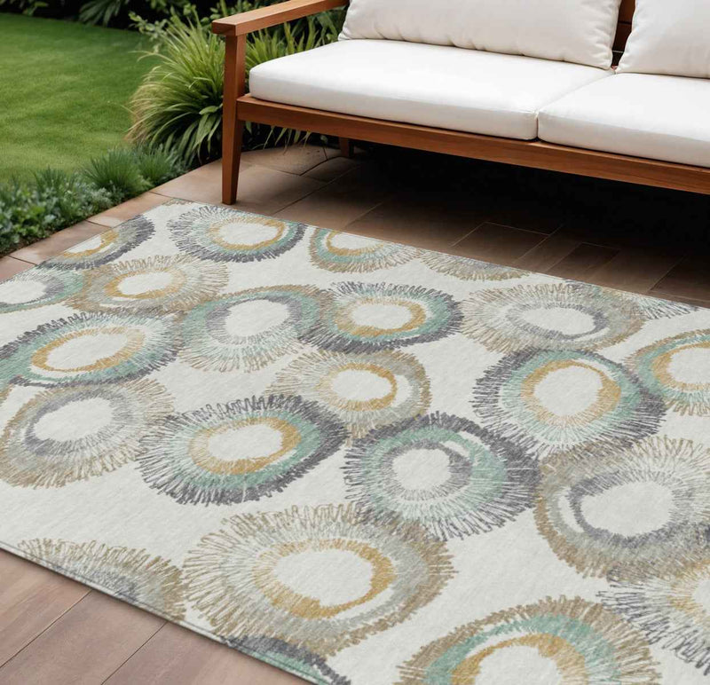 9' X 12' Ivory Taupe And Gold Geometric Washable Indoor Outdoor Area Rug