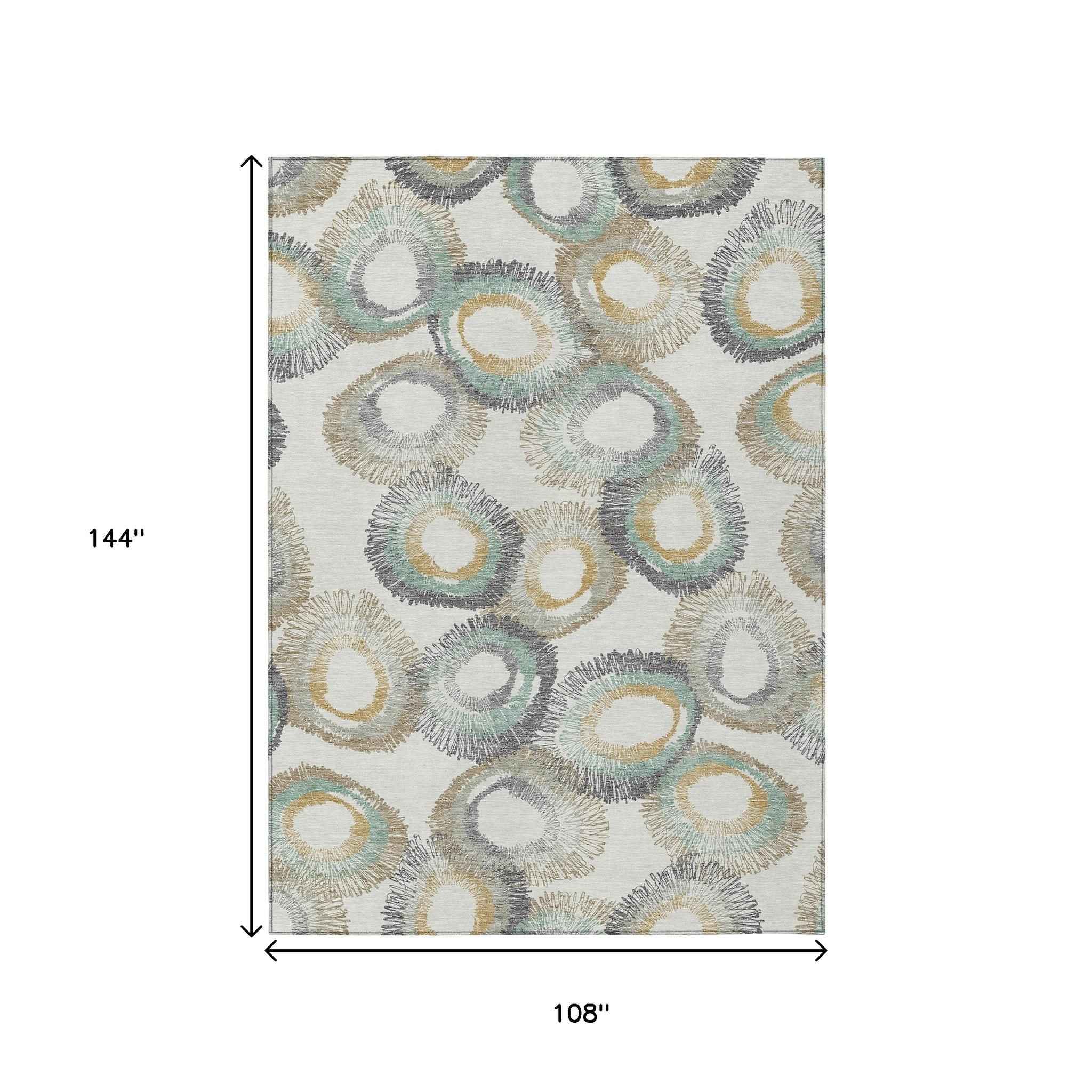 9' X 12' Ivory Taupe And Gold Geometric Washable Indoor Outdoor Area Rug