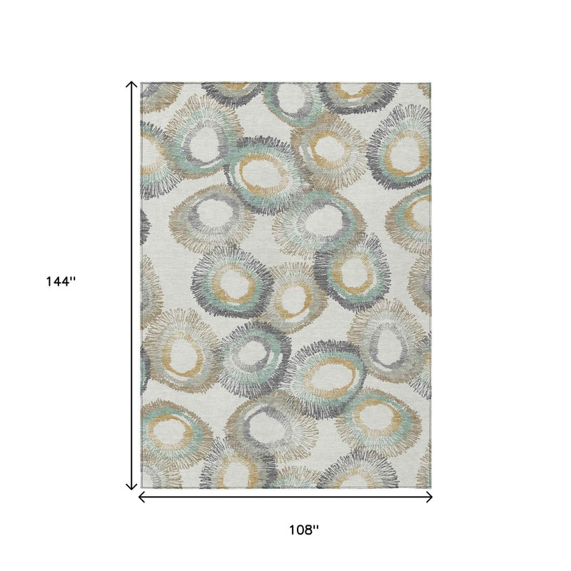 9' X 12' Ivory Taupe And Gold Geometric Washable Indoor Outdoor Area Rug