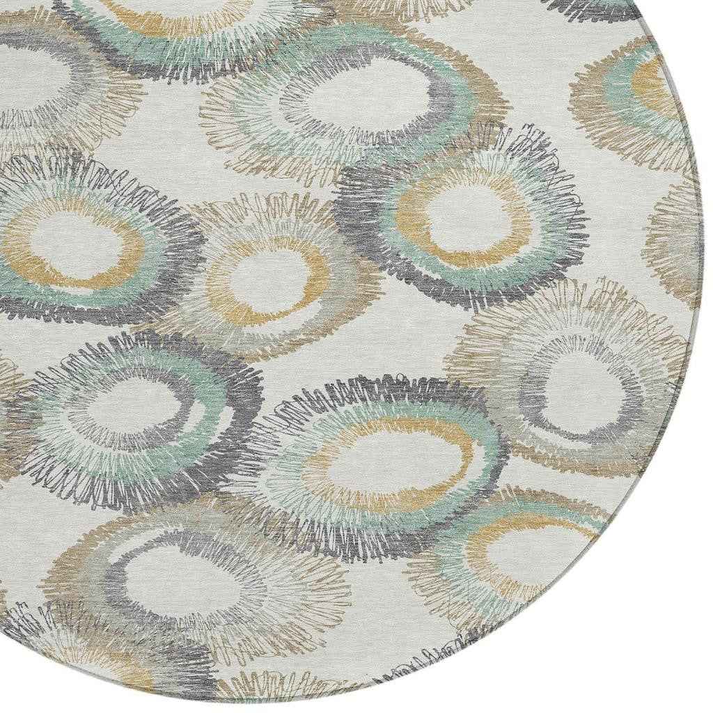 8' Ivory Taupe And Gold Round Geometric Washable Indoor Outdoor Area Rug