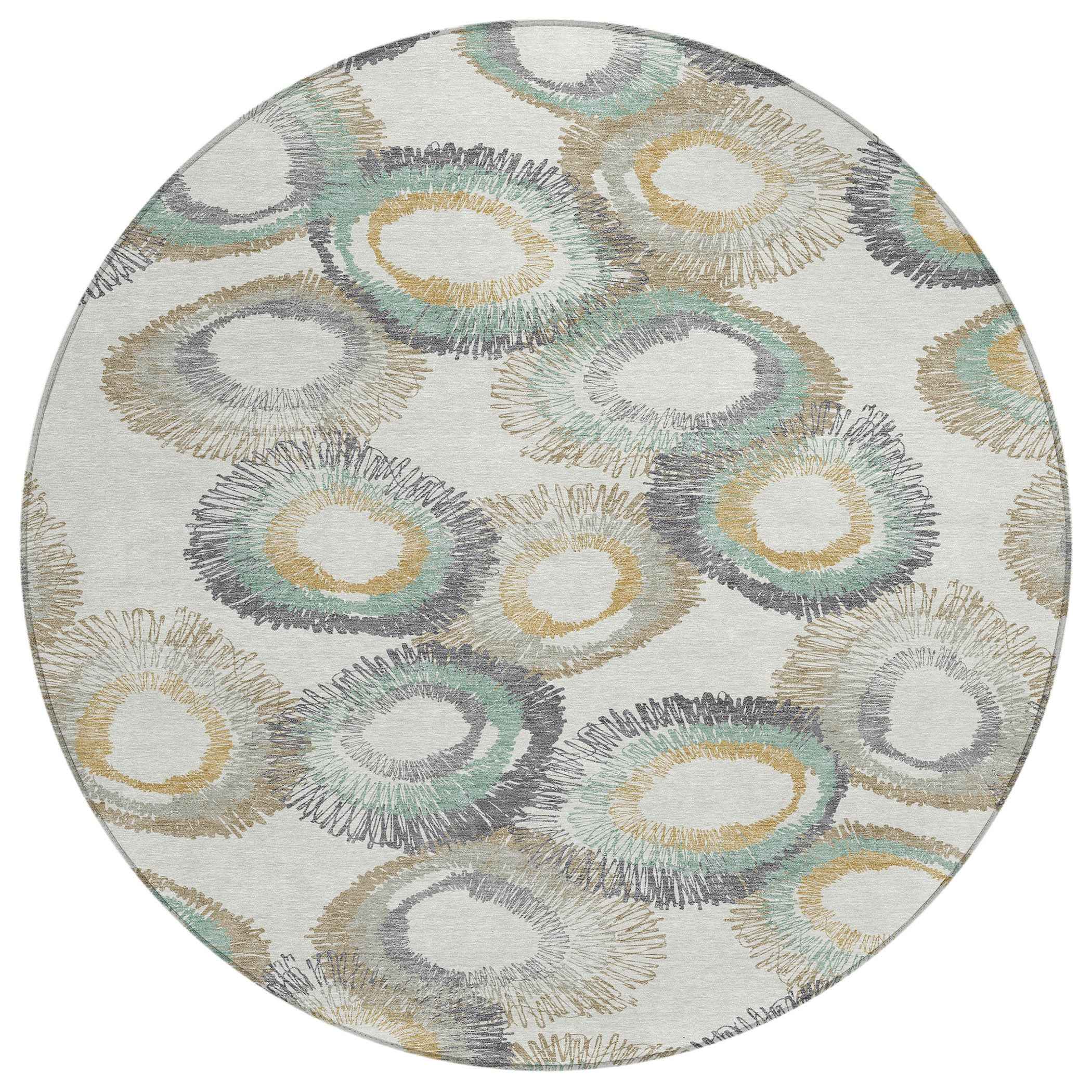 8' Ivory Taupe And Gold Round Geometric Washable Indoor Outdoor Area Rug