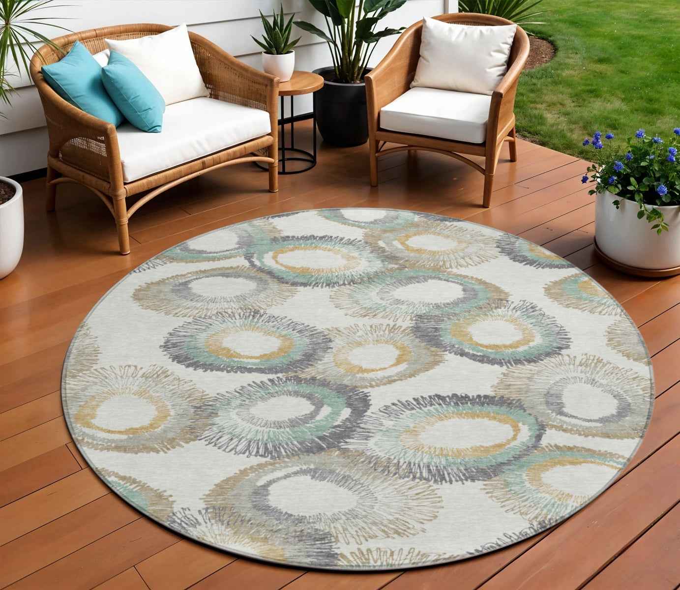 8' Ivory Taupe And Gold Round Geometric Washable Indoor Outdoor Area Rug