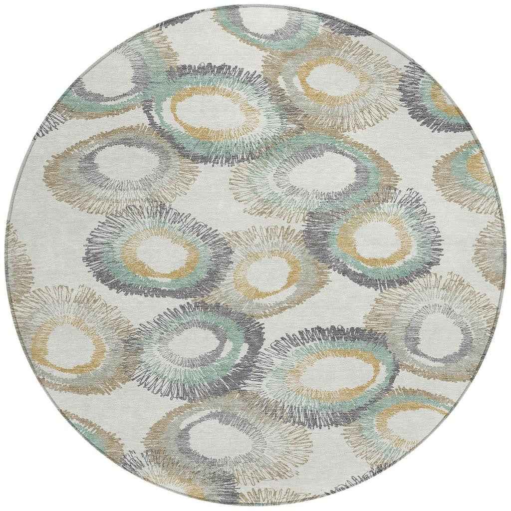 8' Ivory Taupe And Gold Round Geometric Washable Indoor Outdoor Area Rug