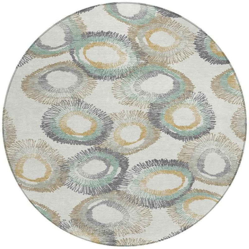 8' Ivory Taupe And Gold Round Geometric Washable Indoor Outdoor Area Rug