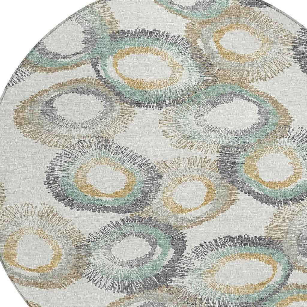 8' Ivory Taupe And Gold Round Geometric Washable Indoor Outdoor Area Rug