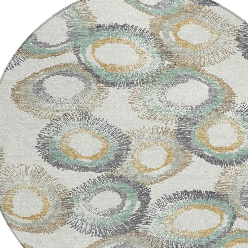 8' Ivory Taupe And Gold Round Geometric Washable Indoor Outdoor Area Rug