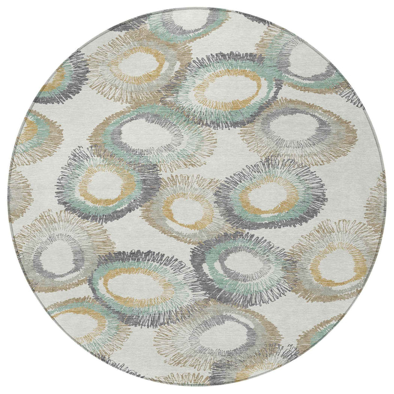 8' Ivory Taupe And Gold Round Geometric Washable Indoor Outdoor Area Rug