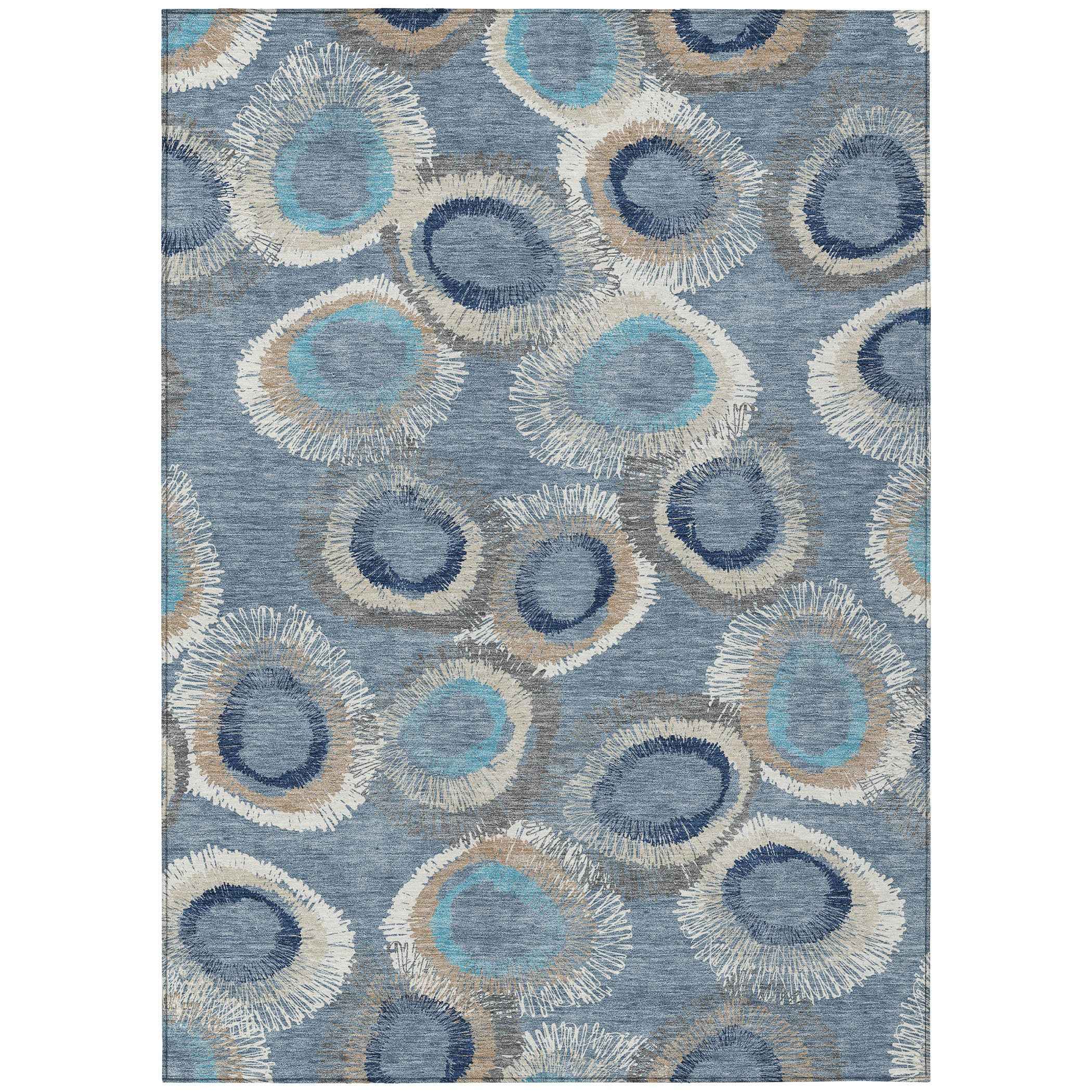 8' X 10' Denim Blue Ivory And Taupe Geometric Washable Indoor Outdoor Area Rug