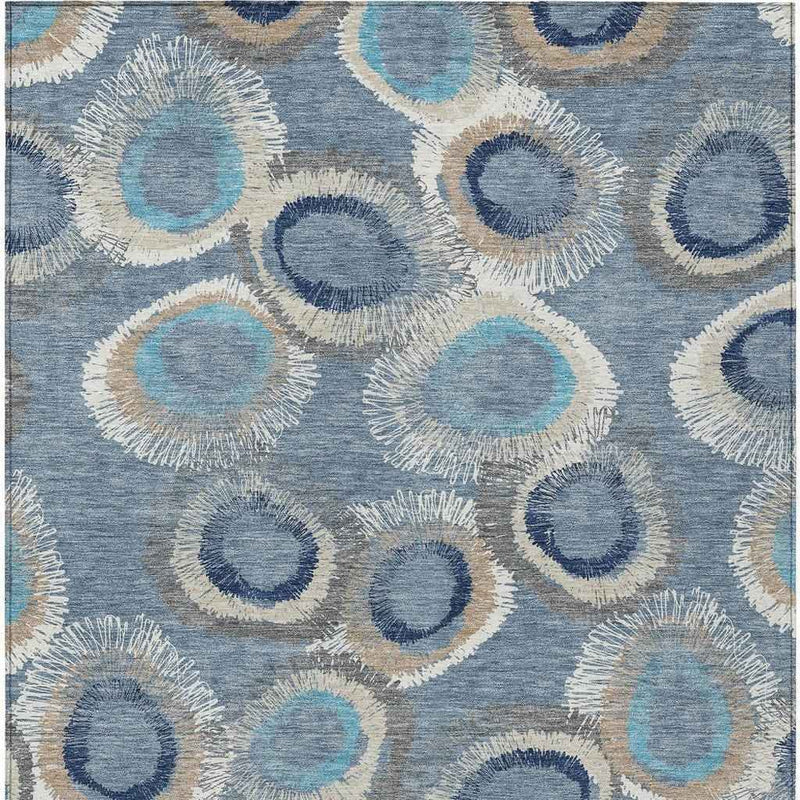 8' X 10' Denim Blue Ivory And Taupe Geometric Washable Indoor Outdoor Area Rug