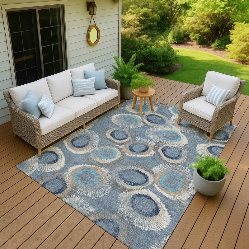 8' X 10' Denim Blue Ivory And Taupe Geometric Washable Indoor Outdoor Area Rug