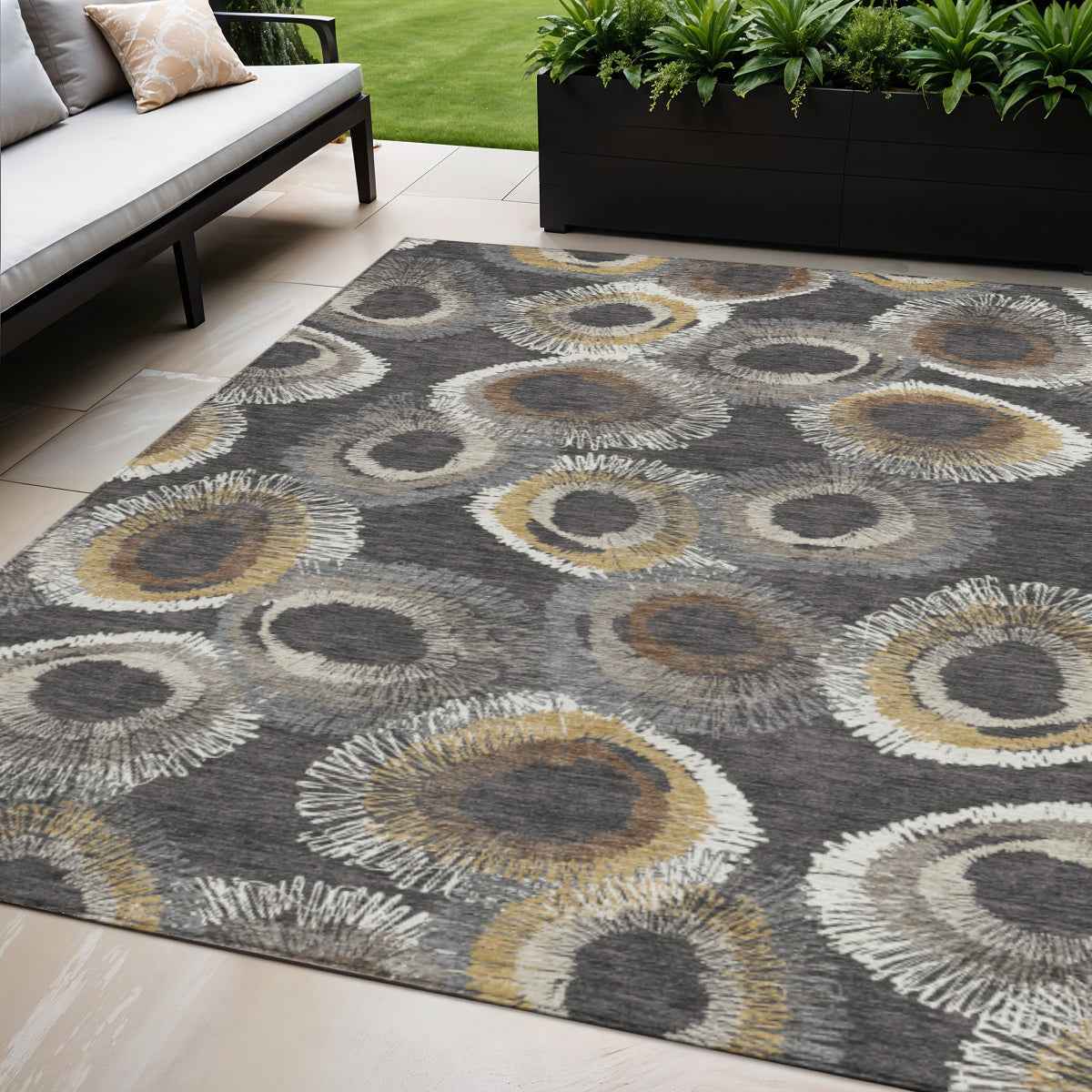 5' X 8' Charcoal Ivory And Copper Geometric Washable Indoor Outdoor Area Rug