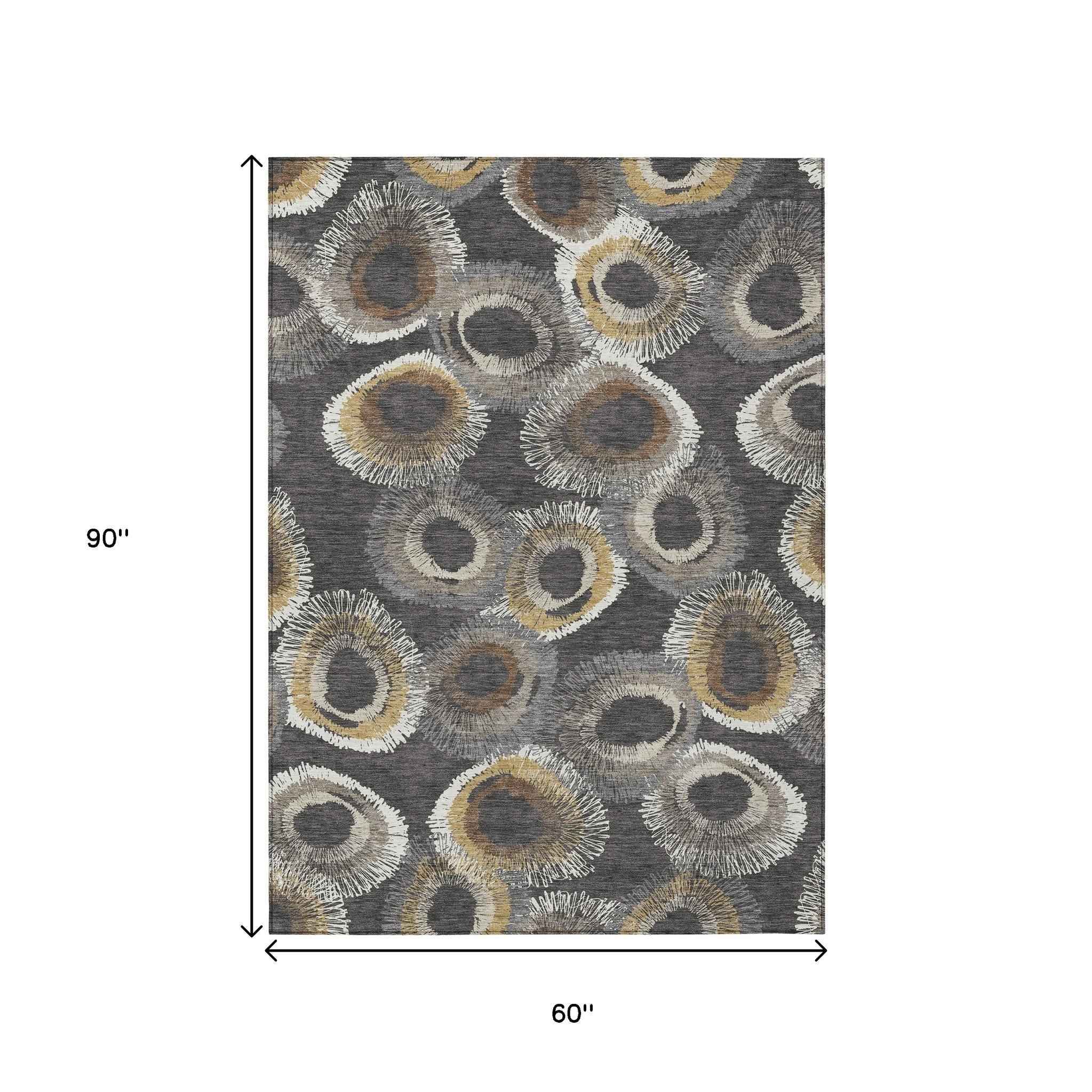 5' X 8' Charcoal Ivory And Copper Geometric Washable Indoor Outdoor Area Rug