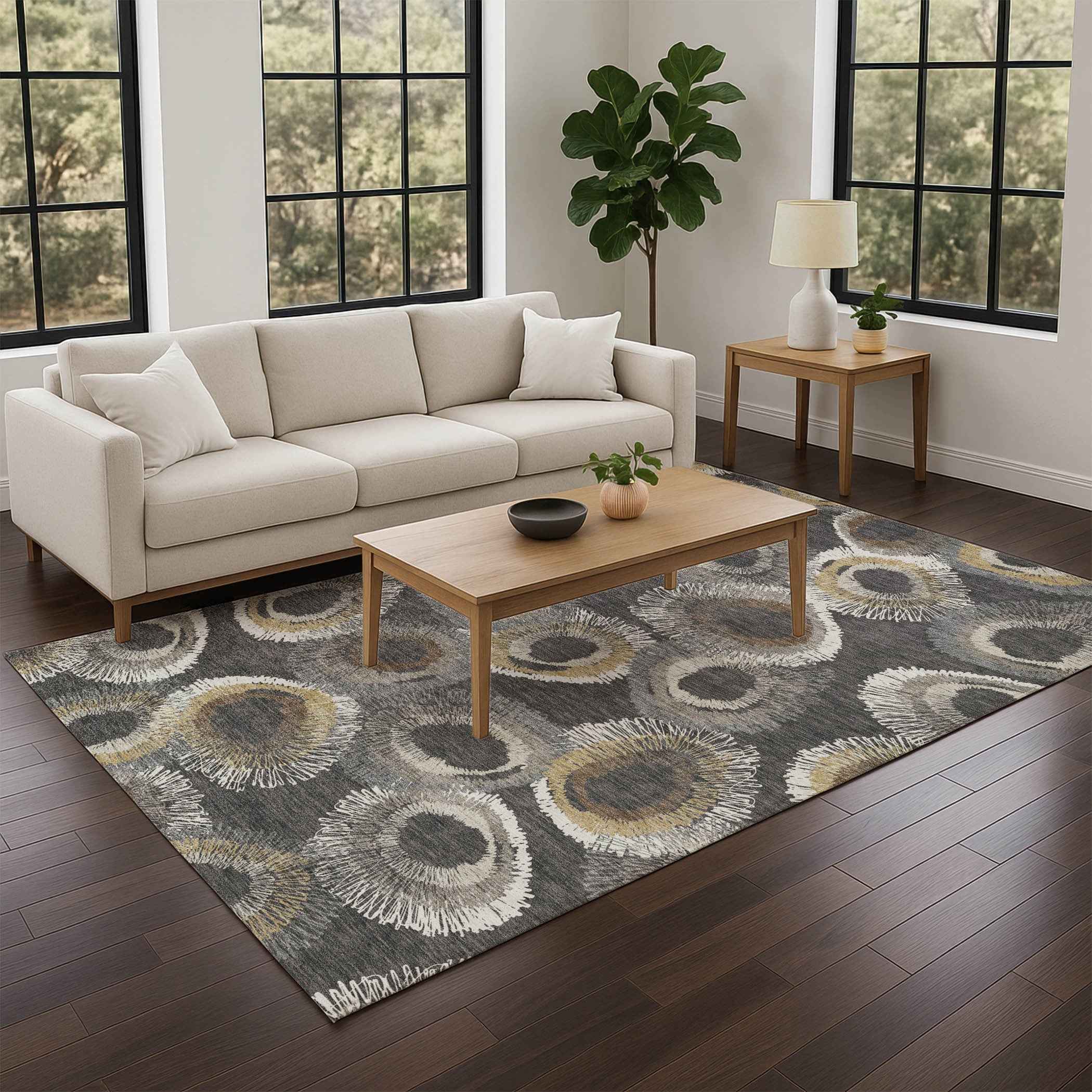 5' X 8' Charcoal Ivory And Copper Geometric Washable Indoor Outdoor Area Rug