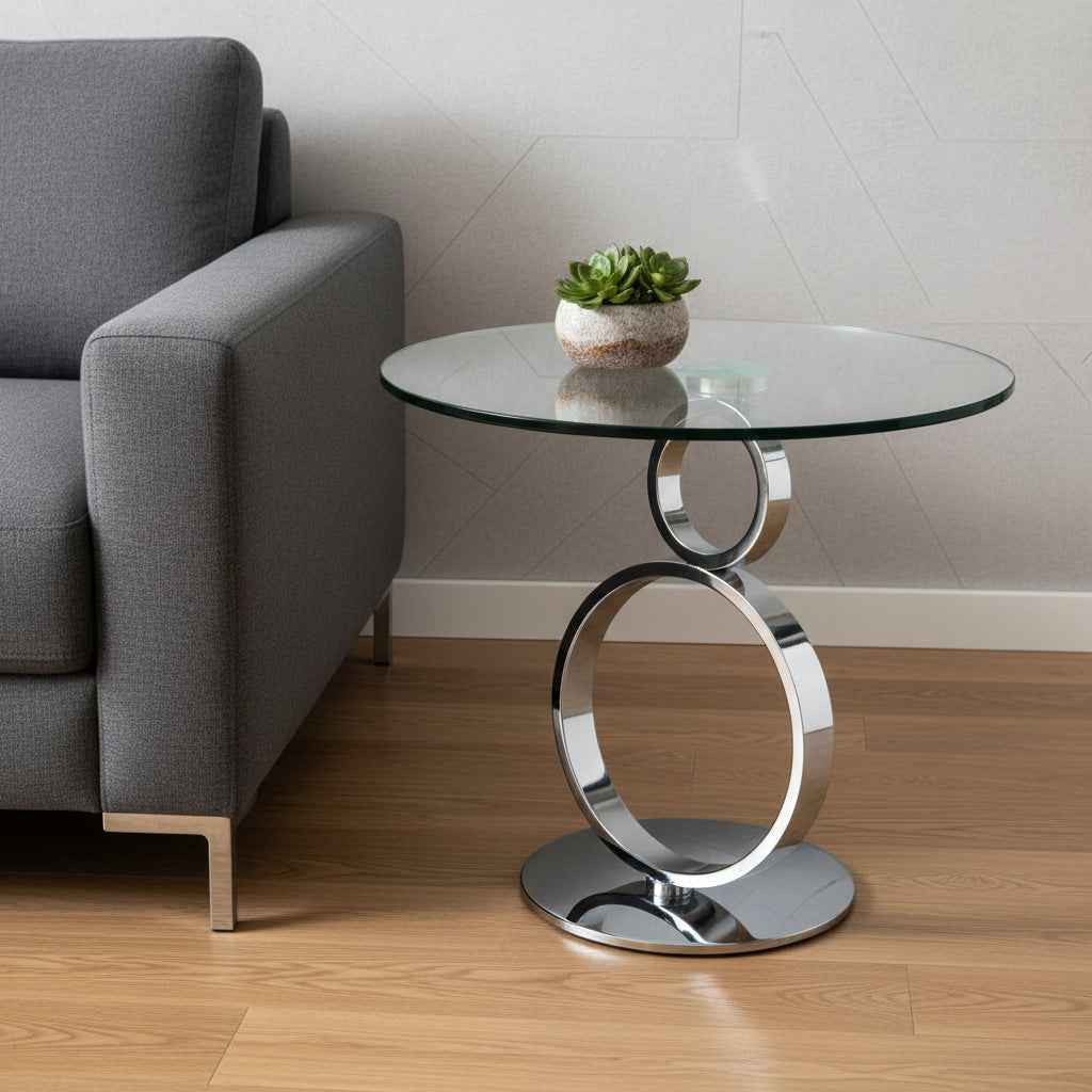 21" Clear and Silver Glass and Metal Round Pedestal End Table