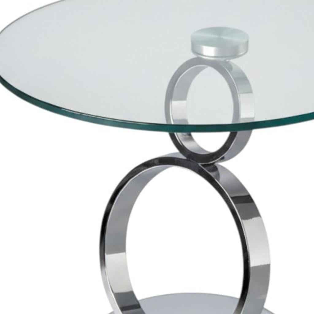 21" Clear and Silver Glass and Metal Round Pedestal End Table