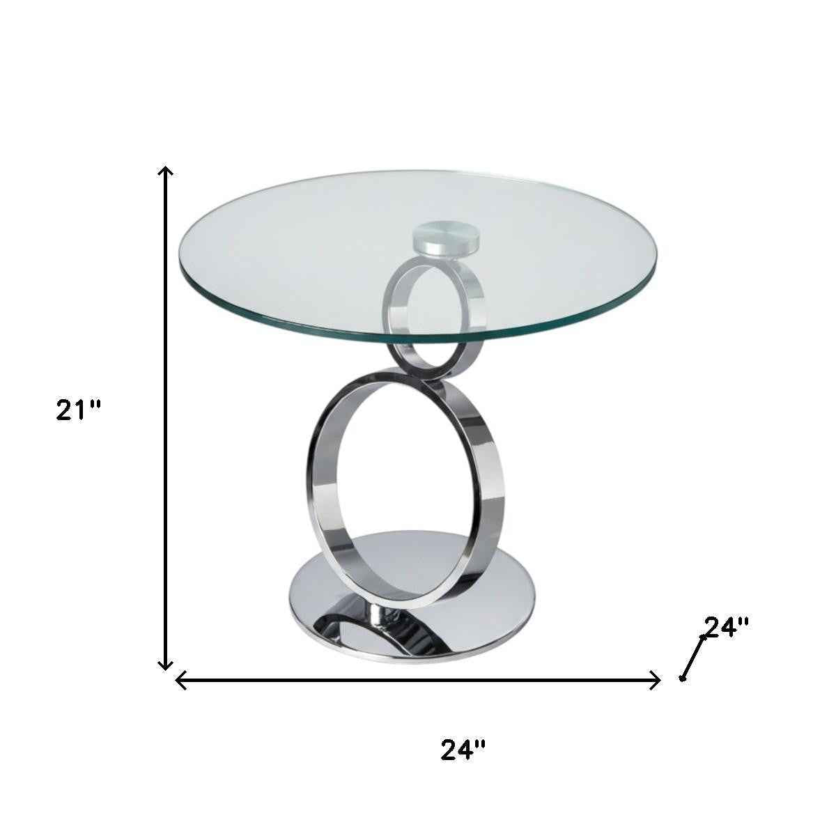 21" Clear and Silver Glass and Metal Round Pedestal End Table