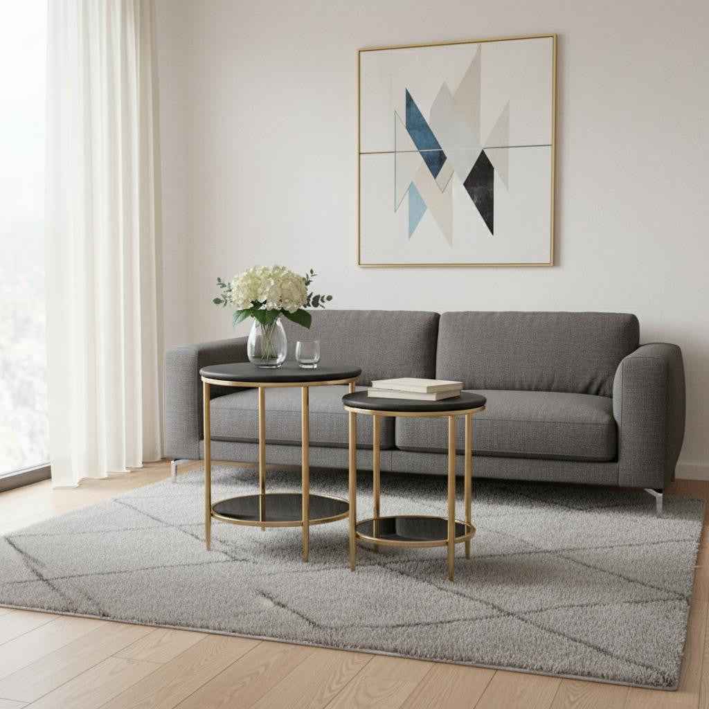 18" Black Genuine Marble And Wood Round Coffee Table