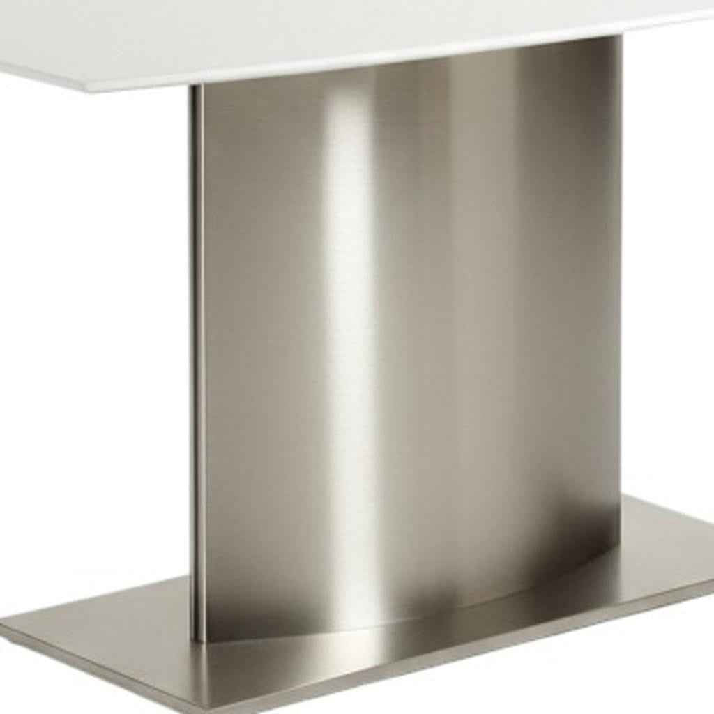 63" White And Silver Marble And Metal Pedestal Base Dining Table